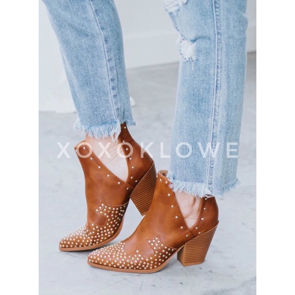 MATA Tan Western Gold Studded Ankle Boots Vegan Leather - Picture 6 of 13